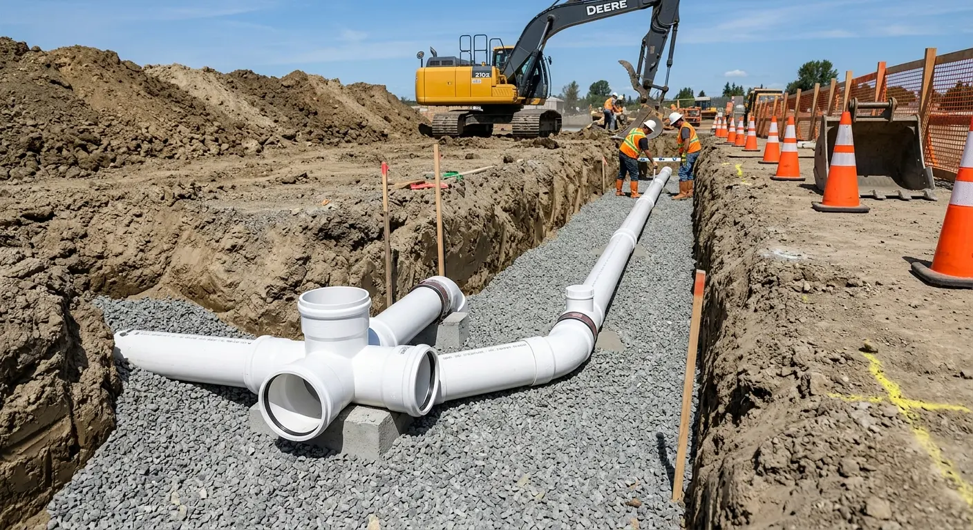 New PVC sewer pipe installation in open trench for Sewer Backup in Vincennes